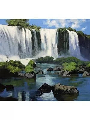 Attractive Landscape Of Waterfall | Acrylic On Canvas | By Omkar Ashok Pawar