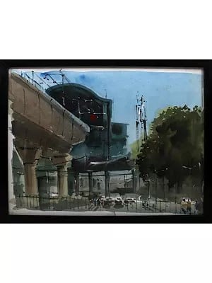 Traffic Under The Metro Station | Watercolor On Cartridge | By Deepa Kushwaha | With Frame