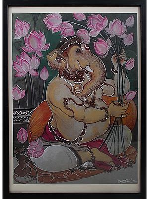 Lord Ganesha Art | Mix Media On Handmade Paper | By Deepa Kushwaha | With Frame