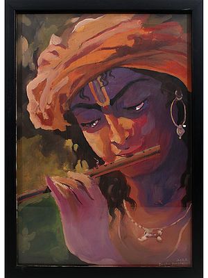 Krishna Playing Flute | Acrylic On Handmade Paper | By Deepa Kushwaha | With Frame