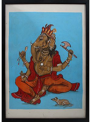 Chaturbhuja Lord Ganesha | Acrylic On Handmade Paper | By Deepa Kushwaha | With Frame