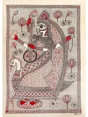 Maa Saraswati Playing Veena | Waterproof Ink On Handmade Paper | By Priti Dalwadi
