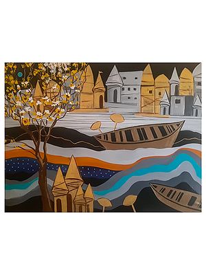Floating Boat In A River | Acrylic On Canvas | By Debrata Basu
