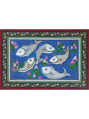 Floating Fishes In Lotus Pond | Pattachitra Painting | Natural Color On Handmade Canvas | By Sushant Maharana