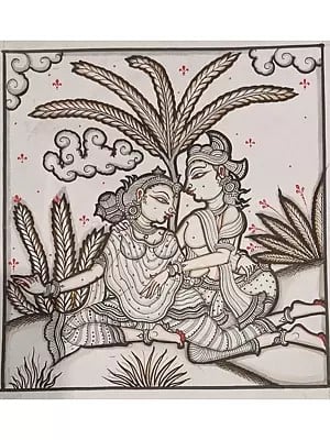 Seated Radha And Krishna | Pattachitra Painting | Natural Color On Handmade Canvas | By Sushant Maharana