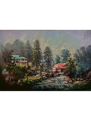 Beautiful House By The Lake - Landscape | Acrylic On Canvas | By Sunil Kapoor
