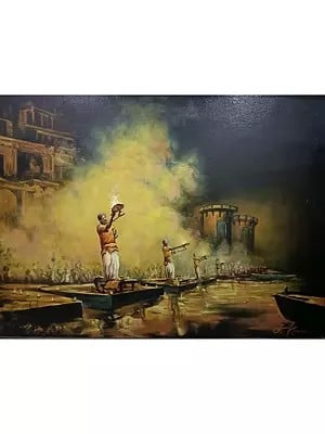 Morning Aarti In Banaras Ghat | Acrylic On Canvas | By Sunil Kapoor