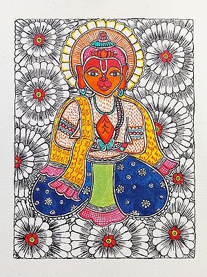Seated Lord Hanuman | Madhubani Painting | Acrylic On Canvas | By Rina Patwa