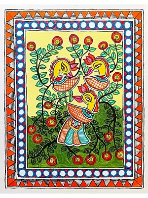 Beautiful Birds On Branches | Madhubani Painting | Acrylic On Canvas | By Rina Patwa
