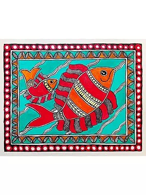 Floating Fish With Small One | Madhubani Painting | Acrylic On Canvas | By Rina Patwa