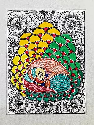 Dancing Peacock With Beautiful Feathers | Madhubani Painting | Acrylic On Canvas | By Rina Patwa