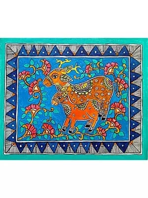 Deer With Its Baby | Madhubani Painting | Acrylic On Canvas | By Rina Patwa