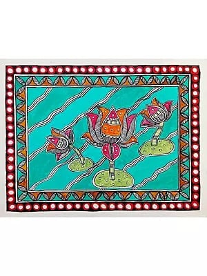 Blooming Lotus In The Pond | Madhubani Painting | Acrylic On Canvas | By Rina Patwa