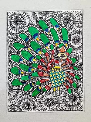 Peacock Waving The Feathers | Madhubani Painting | Acrylic On Canvas | By Rina Patwa