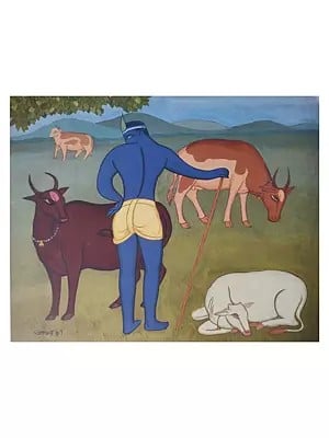 Krishna Grazing A Cow | Earth Color On Paper | By Bhaskar Lahiri