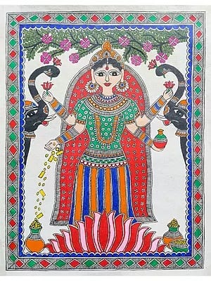 Madhubani Maa Lakshmi Devi | Acrylic On Handmade Paper | By Saral Panchal