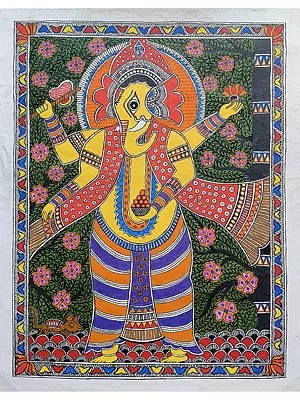 Standing Lord Ganesha Madhubani Painting | Acrylic On Handmade Paper | By Saral Panchal