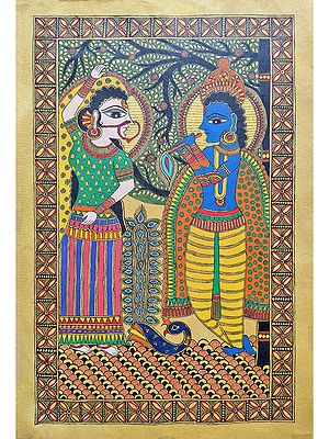 Radha Dancing And Krishna Playing The Flute | Acrylic On Handmade Paper | By Saral Panchal