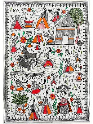 Village Agriculture Life Madhubani Painting| Acrylic On Brustro Paper | By Saral Panchal