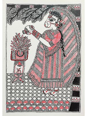 Tulsi Puja ( Woman Worshiping Tulsi) | Acrylic On Brustro Paper | By Saral Panchal