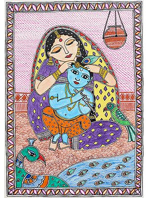 Kanha Ji And Maiya Yashoda Madhubani Painting | Acrylic On Handmade Paper | By Saral Panchal