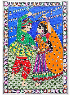 Gujarati Garba (Dance) Madhubani Painting | Acrylic On Handmade Paper | By Saral Panchal