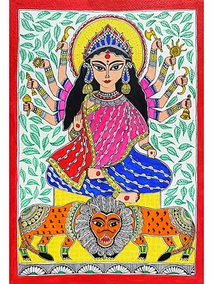 Sherawali Maa - Madhubani Painting | Acrylic On Handmade Paper | By Saral Panchal