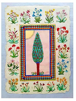 Cypress And Flower Motif | Stone Pigments On Wasli Sheet | By Harsh Rastogi