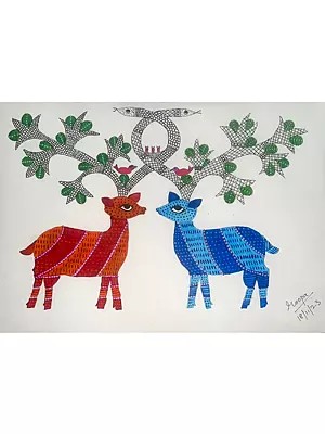 Two Deers Gond Art  | Acrylic On Paper | By Roopa