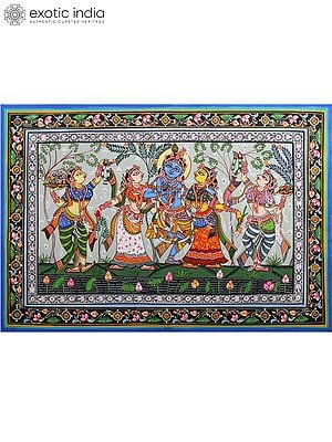 Dancing Lord Krishna with Rukmini and Satyabhama | Pattachitra Painting from Odisha