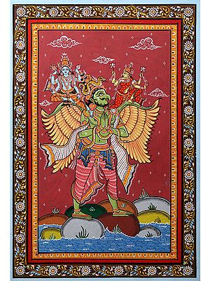 Lakshmi - Narayan Seated on Garuda | Pattachitra Painting from Odisha