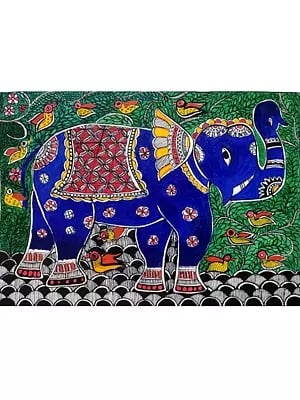 Madhubani Elephant With Birds | Acrylic On Handmade Sheet | By Neelam Singh