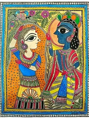Krishna & Radha - Madhubani Painting | Acrylic On Handmade Sheet | By Neelam Singh