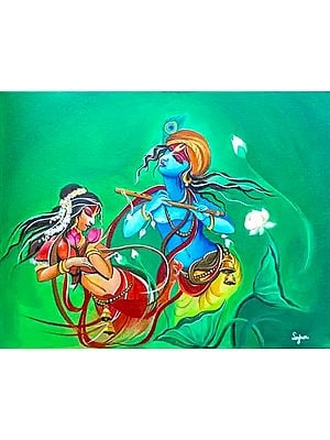 Radha Krishna Engrossed In The Tune Of Flute | Acrylic On Canvas | By Sajan Dhal