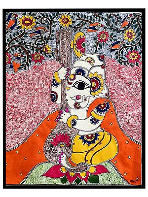 Lord Ganesha Playing Veena Madhubani Painting | Acrylic On Handmade Paper | With Frame | By Mrunamayee Chandurkar Bakal