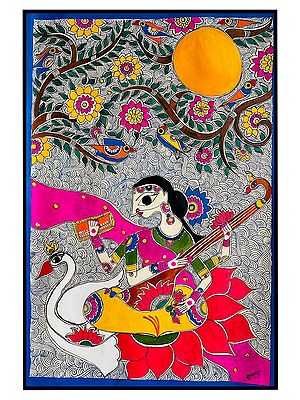 Goddess Saraswati Playing Veena | Acrylic On Handmade Paper | With Frame | By Mrunamayee Chandurkar Bakal