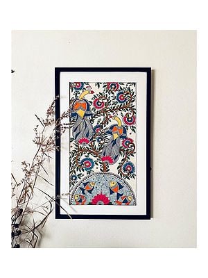 Madhubani Peacock And Fish Painting | Acrylic On Handmade Paper | With Frame | By Mrunamayee Chandurkar Bakal
