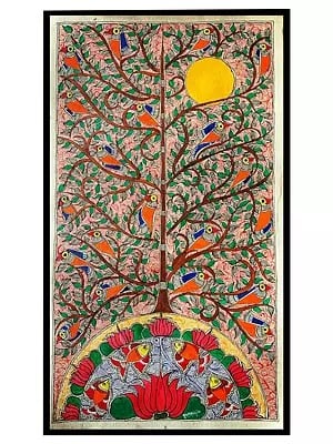 Tree Giving Life Madhubani Painting | Acrylic On Handmade Paper | With Frame | By Mrunamayee Chandurkar Bakal