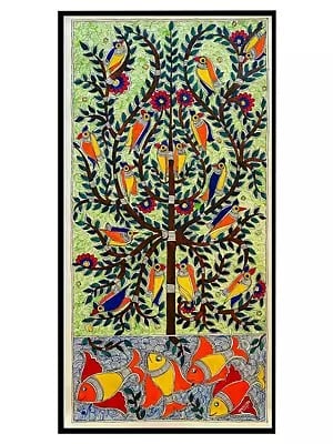 Tree Of Life And Fish Madhubani Painting | Acrylic On Handmade Paper | With Frame | By Mrunamayee Chandurkar Bakal