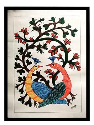Peacock Looking At Each Other Gond Painting | Acrylic On Handmade Paper | With Frame | By Mrunamayee Chandurkar Bakal