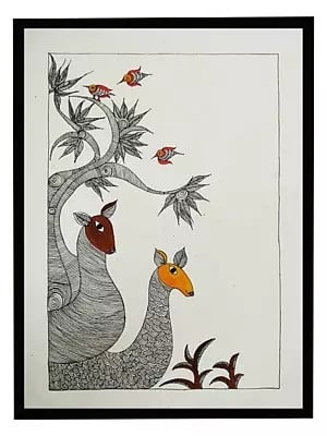 Two Deer Gond Art Work | Acrylic On Handmade Paper | With Frame | By Mrunamayee Chandurkar Bakal