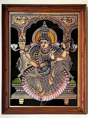 Goddess Saraswati Playing Veena | Tanjore Paintings with Frame | By Ramesh