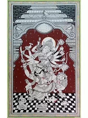 Maa Durga (Mahishasur Vadh)  |  Stone Colours On Handmade Canvas | By Sachikant Sahoo