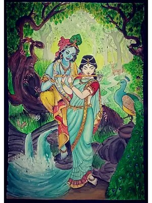 Radha Playing Flute With Krishna | Poster Color On Paper | By Bhavani