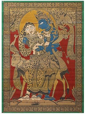 Radha Playing Flute with Krishna | Pattachitra Painting on Palm Leaf