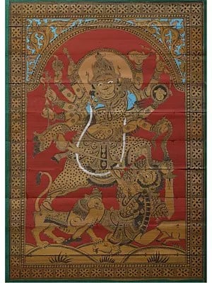 Ten Armed Goddess Durga Killing Demon Mahishasura | Pattachitra Painting on Palm Leaf