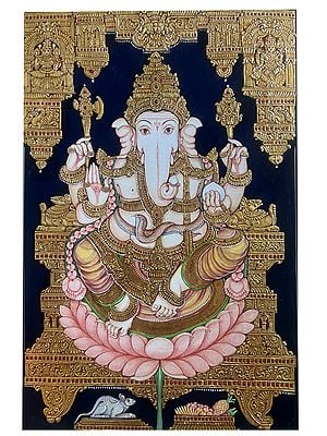 Lord Ganesha On Lotus And Throne | Mysore Watercolor And 22 Carat Gold Leaf | Unframed