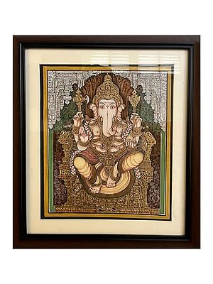 Lord Ganesha With Tree Of Life | Mysore Watercolor Painting With Frame | 22 Carat Gold Leaf