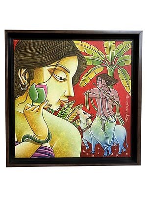 Gwala Playing Flute With Girl And Cow - With Frame | Arcylic On Canvas | By Shagun Sengar Shaha