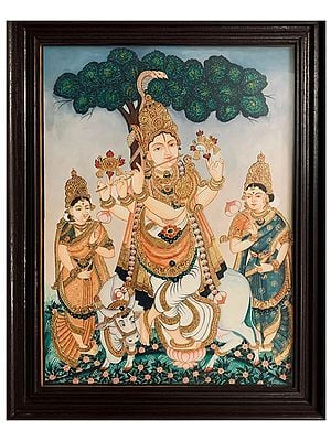 Chaturbhuja Krishna With Gopi | Mysore Painting With Frame | Watercolor And 22 Carat Gold Leaf